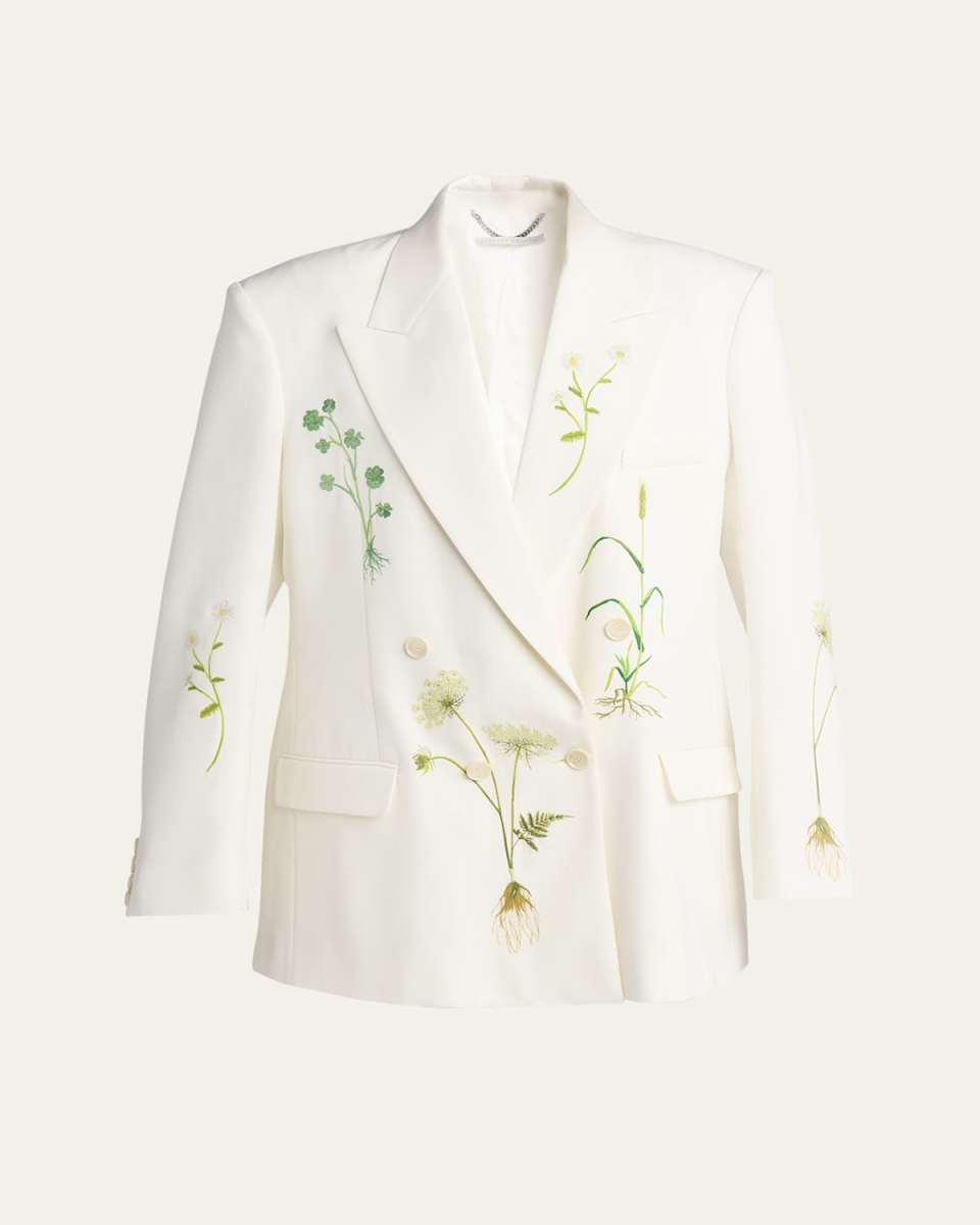 Floral Embroidered Oversized Double Breasted Wool Blazer